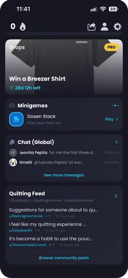 Breezer Quit-Modus – Drops, Minispiele, Chat und Quitting-Feed