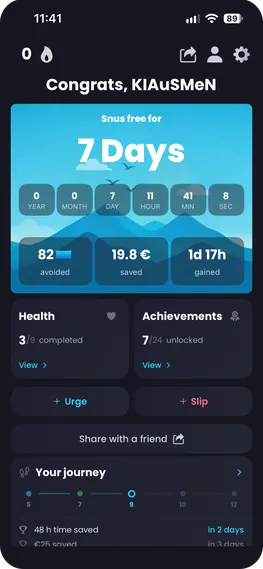 Breezer App – Quit Mode: days snus-free, savings, and progress