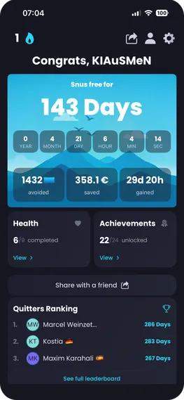 Breezer Quit Mode – days snus-free, savings, and health progress