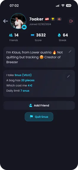 Breezer App – User profile with personal snus stats