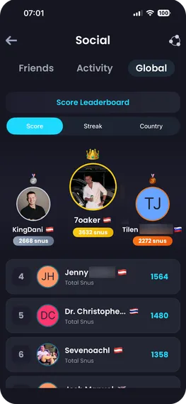 Freunde-Rankings und globale Snus-Rangliste in Breezer