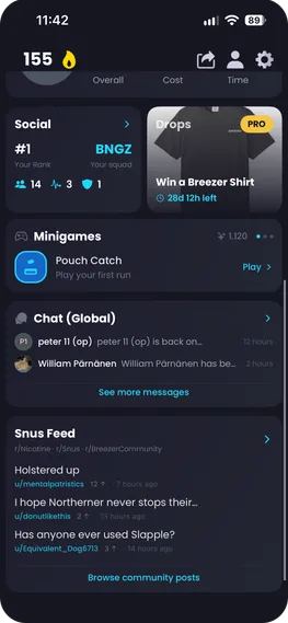 Breezer App – Startseite: Squad, Minispiele, Chat und Community-Feed