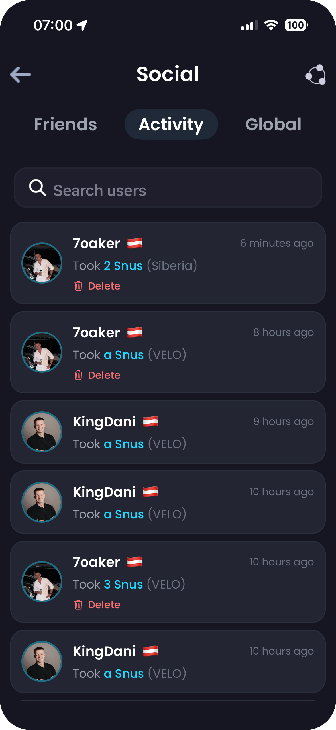 Breezer App – Social snus activity feed