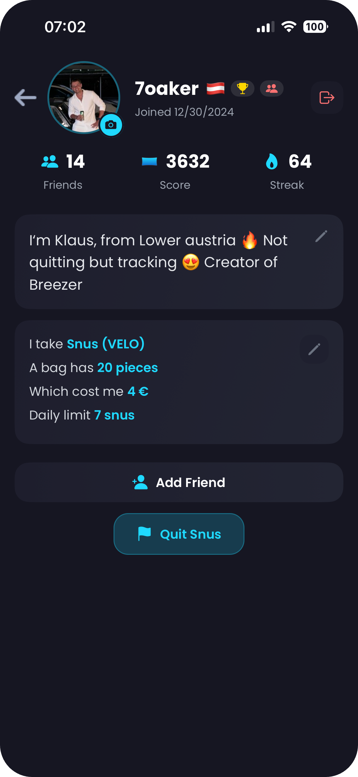 Breezer App – User profile with personal snus stats
