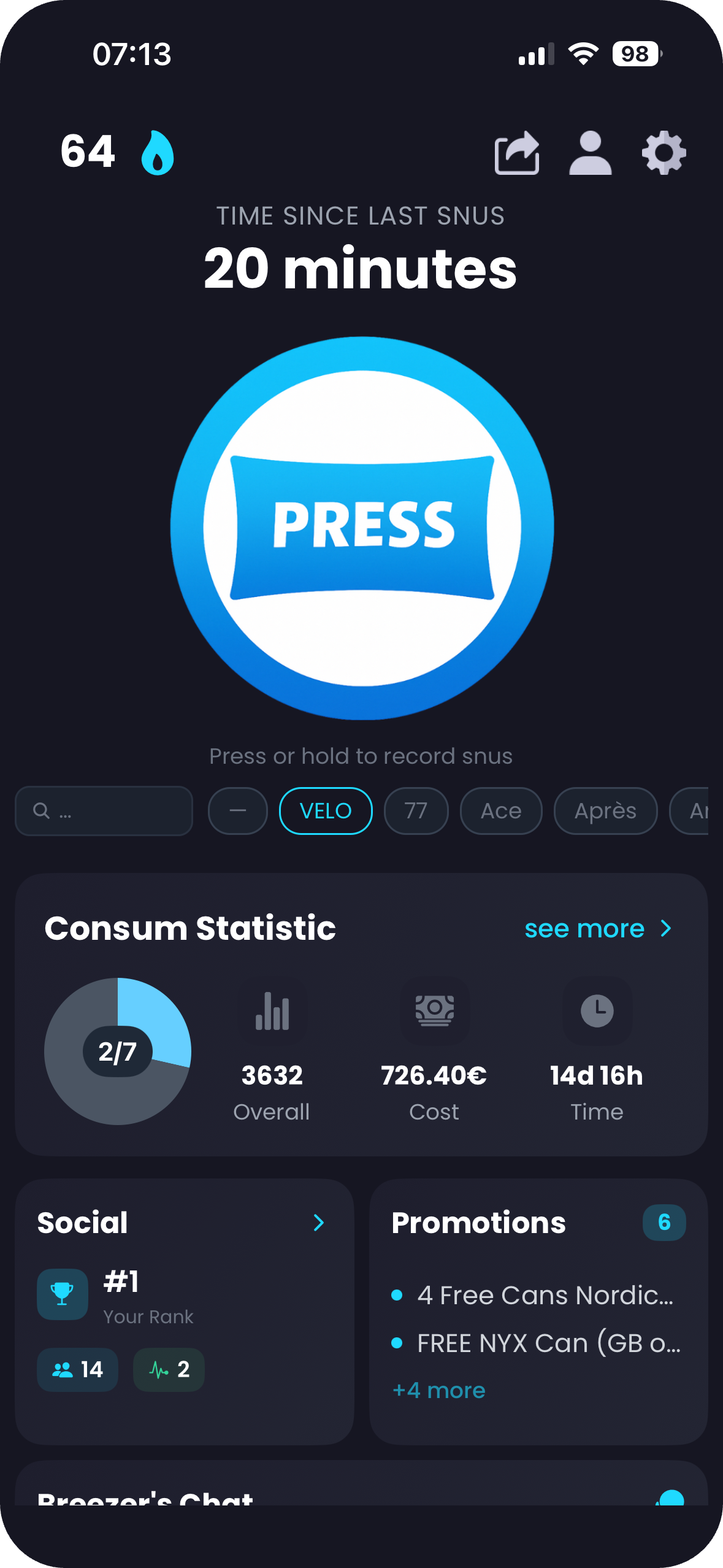 Breezer App – Log a snus pouch with one tap